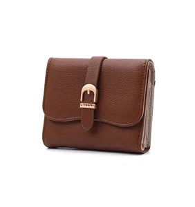 Classic brown leather short wallet with gold belt buckle and multi-card slot side view