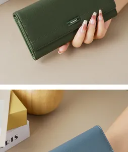 Macro detail view of minimalist long leather wallet for women with large storage capacity