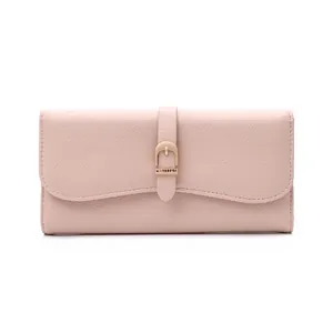 Elegant pink pebbled leather long wallet for women with gold-tone buckle