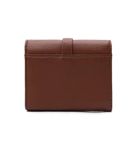 Detailed view of brown pebbled leather short wallet with belt buckle strap
