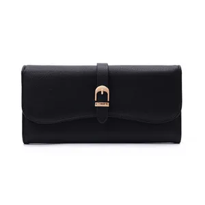 Front view of a minimalist black long textured leather clutch wallet for stylish women