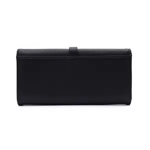 Rear view of long black textured leather women's wallet clutch showing premium finish