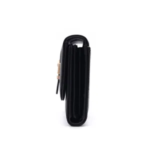 Detailed side profile of a stylish black multi-layer long wallet with large capacity.