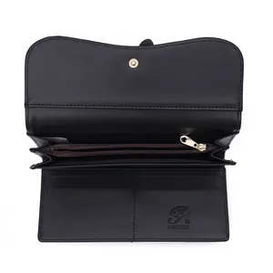 Detailed interior view of a black women's long wallet with multiple card slots