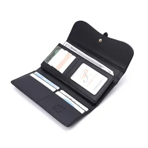 Detailed interior view of long black wallet showing card slots and currency pocket