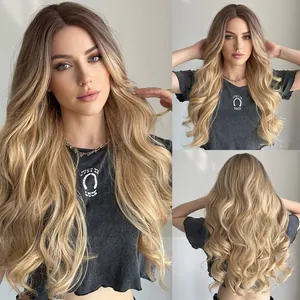 Parrucca Lunga Ondulata da Donna Riga in Mezzo Grande Onda Ombre Biondo Marrone Zenzero Borgogna Nero Fibra Sintetica Termoresistente