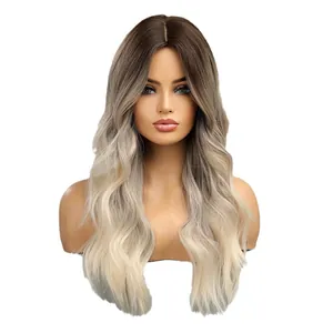 Long wavy ombre wig with middle part for women, dark roots to ash blonde