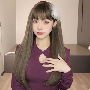 Perruque synthétique longue et lisse marron naturel avec frange pour un look coréen tendance