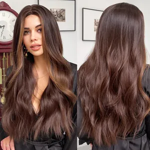 Long wavy synthetic wig in ombre brown with middle part, shown in front and back views