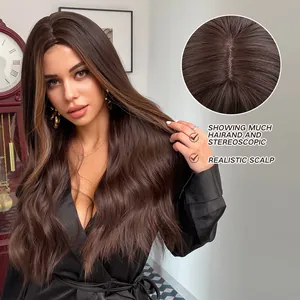Long wavy brown ombre synthetic wig for women with a realistic middle part scalp detail.