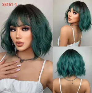 Close-up views of short wavy teal ombre bob wig showing front, side, and back angles