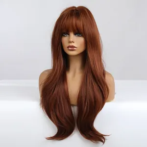 Detailed view of the long wavy reddish-brown synthetic wig with bangs for cosplay