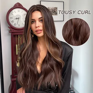 Natural-looking long wavy synthetic wig in ombre brown finish with middle part style