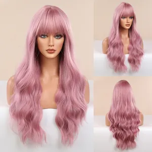 Professional multi-angle showcase of a long wavy pink cosplay wig with natural air bangs.