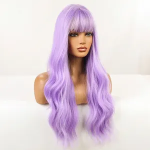 High-quality long wavy lavender purple synthetic wig with air bangs for cosplay costumes