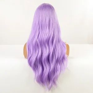 Back view of a long lavender wavy wig showing natural purple curls for cosplay events