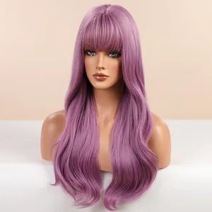 High-quality long wavy purple cosplay wig with air bangs displayed on a mannequin head
