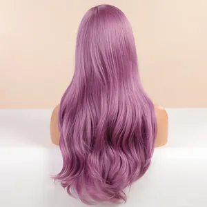 Detail view of the back of a long wavy purple wig with natural fluffy curls for cosplay