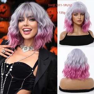 Detailed silver to pink ombre wavy bob wig with 135g weight shown on model and mannequin.