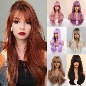 Long Curly Synthetic Wig With Air Bangs Natural Wavy Heat Resistant Hair For Women Cosplay Halloween Christmas Party Daily Wear Full Headwig