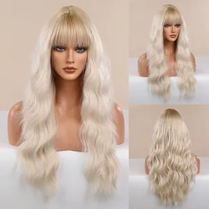 Long wavy blonde wig with air bangs, natural fluffy synthetic hair for cosplay and parties.