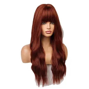 Longue perruque synthétique rouge vin ondulée avec frange pour femme, cosplay ou quotidien.