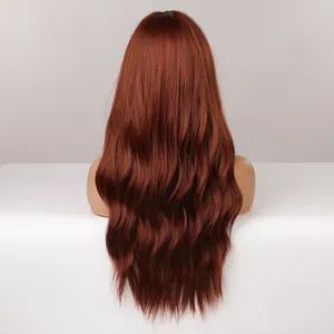 Perruque longue ondulée rouge vin en fibres synthétiques pour femme, aspect naturel