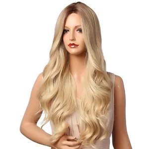 Parrucca lunga ondulata ombré biondo marrone per donna con riga in mezzo.