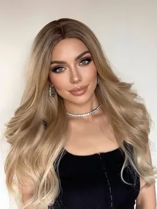 Detailed view of blonde ombre long wavy wig with middle part for women