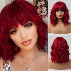 Vibrant short red wavy bob wig with bangs for women heat resistant synthetic hair