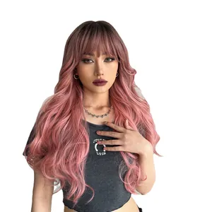 Longue perruque synthétique rose dégradé ondulée pour femme avec frange look mode