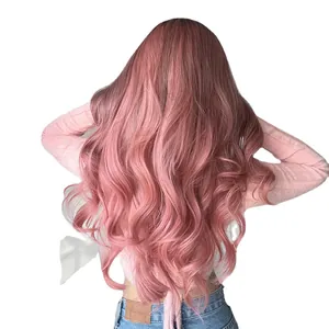 Perruque longue ondulée rose dégradé pour femme en fibres synthétiques de qualité