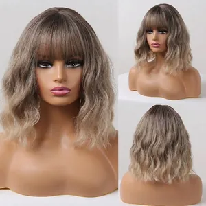 Short ash blonde wavy BOB wig with bangs, made of high-quality synthetic fiber for women