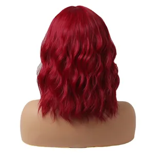 Stylish vibrant red wavy bob cut synthetic fiber wig for women back view display