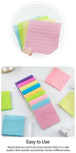 Close-up view of various colorful lined sticky notes for office and student memo writing