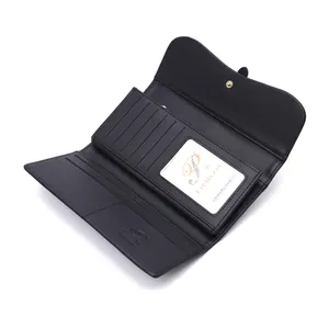 Interior detail of black long wallet showing multiple card slots and clear ID window.
