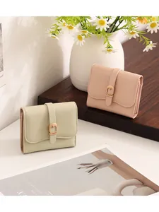 Elegant leather belt buckle short wallet for women with multi-card slots in pastel colors