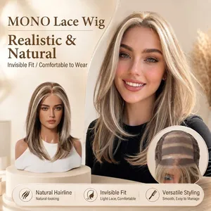 Perruque Synthétique Longue Lisse avec Raie Mono sans Colle pour Femmes Marron Méché Naturel Extensions de Cheveux en Fibre Résistante à la Chaleur