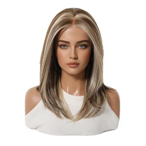 Longue perruque lisse marron avec reflets blonds et raie naturelle de haute qualité