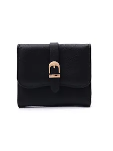 Elegant black pebbled leather short wallet for women with decorative golden buckle