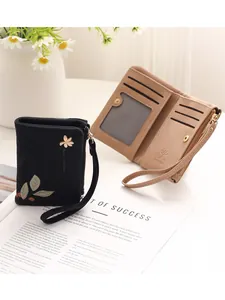 Elegant women's floral short wallet with zipper and wrist strap in black and beige