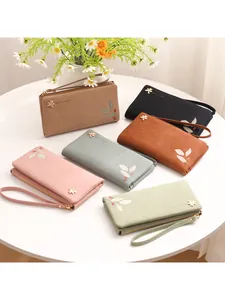 Elegant long floral PU leather wallets with wristlet straps in multiple stylish colors
