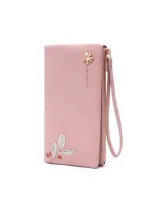 Pink PU leather long wallet for women with elegant leaf print and flower charm