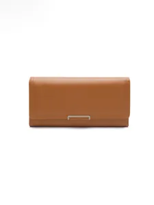 Elegant long brown leather wallet for women with minimalist silver metal clasp detail