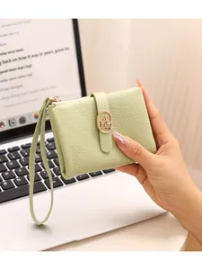 Billetera Corta para Mujer Textura Agrietada de Cuero PU Tarjetero Multifuncional Monedero Con Hebilla de Hoja Correa de Muñeca Clip de Dinero Pequeño