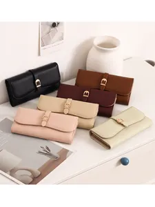 Minimalist high-quality faux leather long wallet for women with elegant gold buckle closure