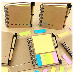 Professional eco-friendly kraft spiral notebook set with multi-color sticky notes and pen