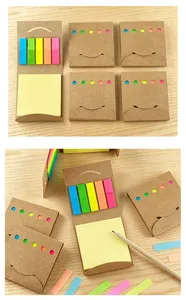 Close-up of kraft paper sticky note set with colorful neon index tabs and pencil.