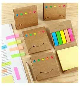 Eco-friendly kraft paper sticky note set featuring colorful PET index tabs and yellow pads