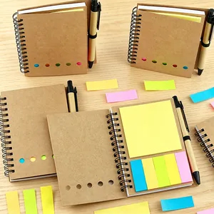 Eco-friendly kraft paper spiral notebook set with colorful sticky notes and matching pen